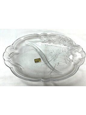 Mikasa Crystal Christmas Holiday Oval Platter With Embossed Holly & Bell Design